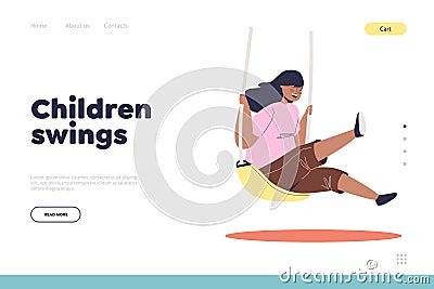 Children swings concept of landing page with cute funny girl kid playing on swing Vector Illustration