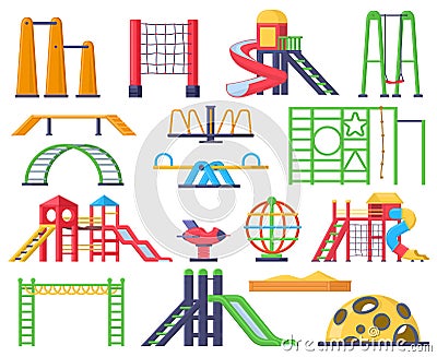 Children swings, ladders, slide outdoor fun playground. Kids recreation park carousel and sandbox vector illustration Vector Illustration
