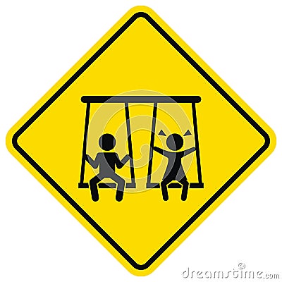 Children on swings, playground, vector yellow sign Vector Illustration