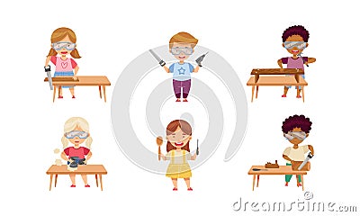 Children at Table Woodworking Making Items from Wood Vector Set Stock Photo