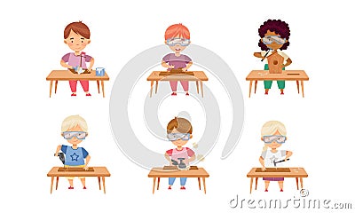 Children at Table Woodworking Making Items from Wood Vector Set Vector Illustration