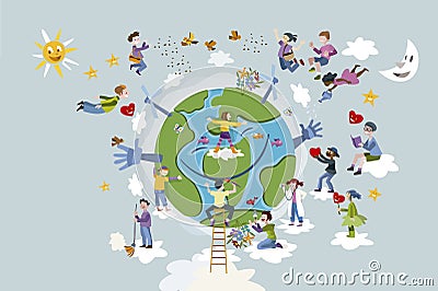 Children Take care of Planet Earth Vector Illustration