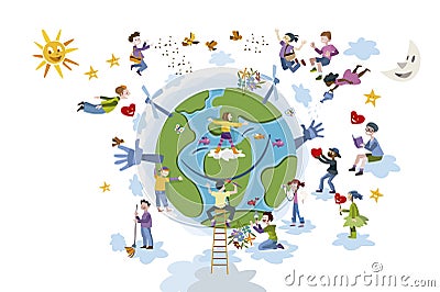 Children Take care of Planet Earth White Vector Illustration