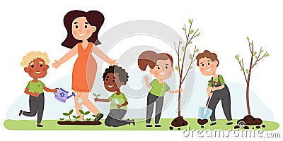 Children and teacher gardening, planting vegetables and trees. Kids learn to love and take care of nature vector Vector Illustration