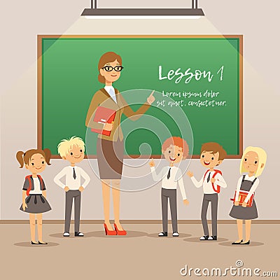 Children with teacher on the lesson in classroom. Vector school background Vector Illustration