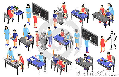 Children technical training centers isometric compositions set with robotic control systems programming science classes isolated Vector Illustration