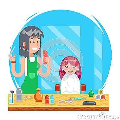 Children teenager hairdresser character cute little girl and female master haircuts icon flat design concept template Vector Illustration