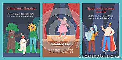 Children Theater Cartoon Banners. Little Artists in Funny Theatrical Costumes Playing on Stage with Curtains and Decor Vector Illustration