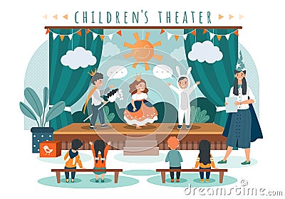 Children theater play, kids in costumes on stage, people vector illustration Vector Illustration