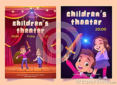 Children theater poster with kids play performance Vector Illustration
