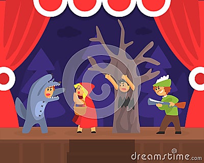 Children Theatre Performance, Kids Actors Performing Red Hood Fairy Tale Show Scene on Stage with Red Curtains Vector Vector Illustration