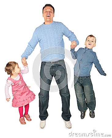 Children to keep for hands of father and jump. Stock Photo