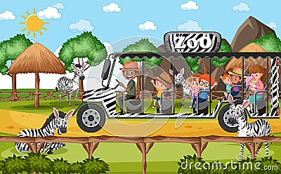 Children on tourist car watching zebra group in the zoo scene Vector Illustration