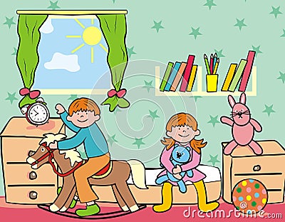 Children and toy, child Room, two kids and toys, interior, home, vector illustration, eps. Vector Illustration