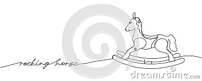 Children toy rocking horse one line art with an inscription. Continuous line drawing of childhood, relax, rest, play Vector Illustration