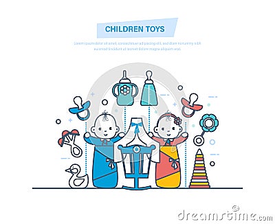 Children toys concept. Children`s toys and accessories for newborns. Vector Illustration