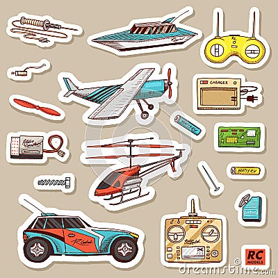 Children toys constructor. Vintage aircraft, boat, ship and car, RC transport, remote control models. Stickers for Vector Illustration