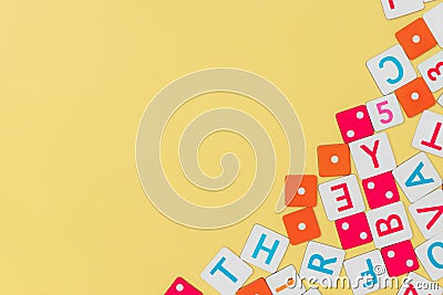 Children Toys frame on yellow Top view flat lay with copy space Stock Photo