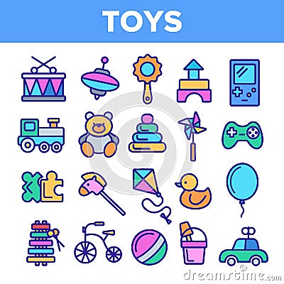 Children Toys Linear Vector Thin Icons Set Vector Illustration