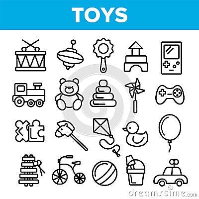 Children Toys Linear Vector Thin Icons Set Vector Illustration