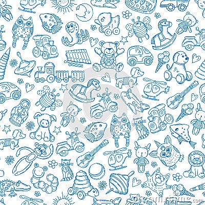 Children with toys. Seamless pattern with vector hand drawn illustration Vector Illustration