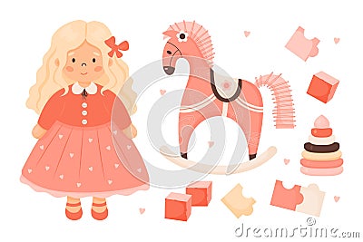 Children toys set. Cute little girl long hair in pink dress, doll toy, rocking horse, puzzles, cubes and pyramid. Vector Vector Illustration