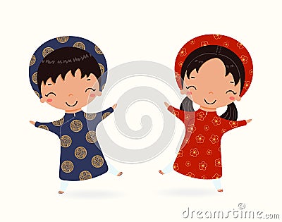 Children in traditional Vietnamese clothes Vector Illustration
