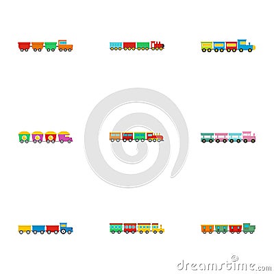 Children train icons set, flat style Vector Illustration