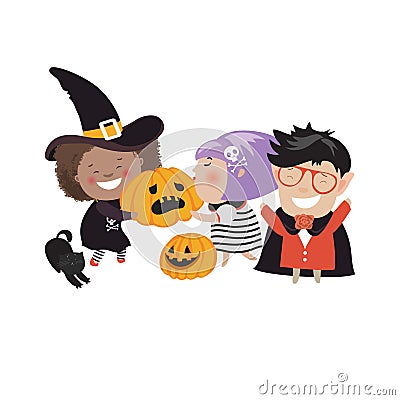 Children trick or treating in Halloween costume Vector Illustration