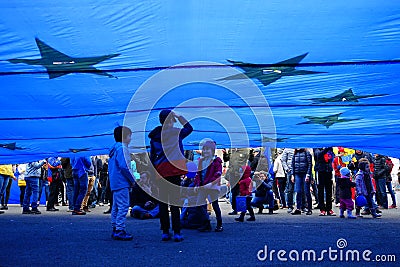 Children under European Union flag, Bucharest, Romania Editorial Stock Photo