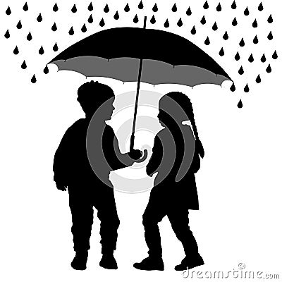 Children under the umbrella are hiding from the rain, silhouette vector. Vector Illustration