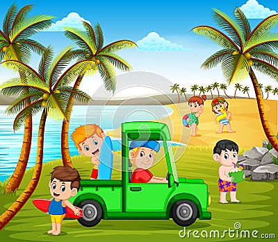 The children vacation in the beach using the car and playing in the coast Vector Illustration