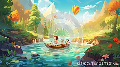 Children on vacation playing in a canoe on a river Stock Photo