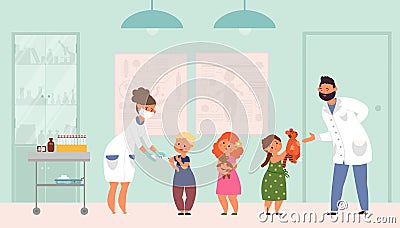 Children vaccination. Flat sick child, vaccinations from flu or viruses. Hospital doctors, pediatrician and kids Vector Illustration