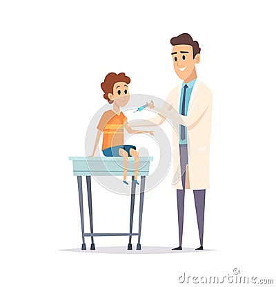 Children vaccination. Pediatrician, kids virus protection. Doctor with syringe and little boy, flu disease prevention Vector Illustration