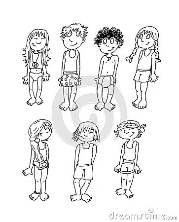 Children of various nationalities in their underwear chine coloring for kids Stock Photo