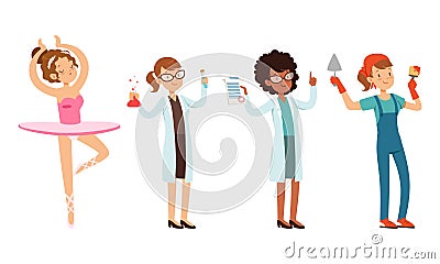 Children of Various Professions Set, Ballerina, Doctor, Scientist Characters Cartoon Style Vector Illustration Vector Illustration