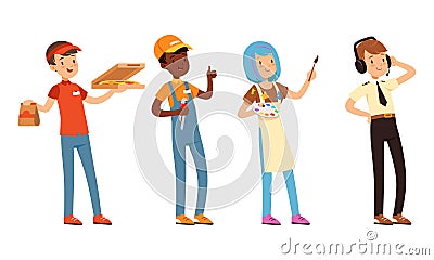 Children of Various Professions Set, Pizza Delivery Boy, Plumber, Air Traffic Controller, Artist Characters Cartoon Vector Illustration