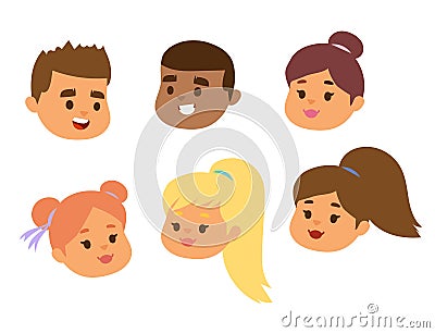 Children vector face portrait kids character girls or boys face with hairstyle and cartoon person with various skin tone Vector Illustration