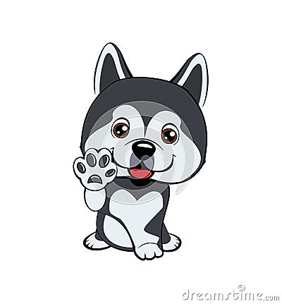 Children vector illustration of funny little Sitting puppy dog raised his front paw and looking up. cheerful puppy with a raised p Vector Illustration