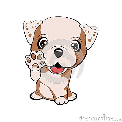 Children vector illustration of funny little Sitting puppy dog raised his front paw and looking up. cheerful puppy with a raised p Vector Illustration