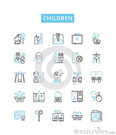 Children vector line icons set. Kids, Infants, Toddlers, Juveniles, Minors, Youths, Preteens illustration outline Vector Illustration