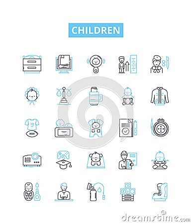 Children vector line icons set. Kids, Infants, Toddlers, Juveniles, Minors, Youths, Preteens illustration outline Cartoon Illustration