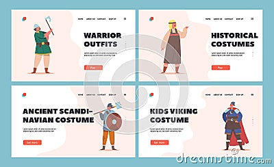 Children in Viking Costumes Landing Page Template Set. Little Boys and Girls Characters Wear Antique Suits Hold Armor Vector Illustration