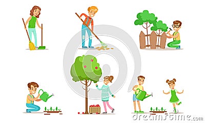 Children Volunteering in the Garden or Park Set, Teen Boys and Girls Watering Seedlings, Repairing Fence, Sweeping and Vector Illustration