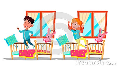 Children Waking Up Vector Cartoon Characters Set Vector Illustration