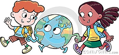 Children walk with planet earth holding hands and supporting each Vector Illustration