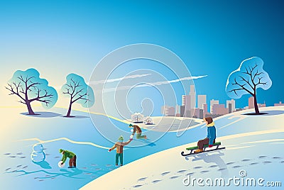 Children walk winter snow Vector Illustration