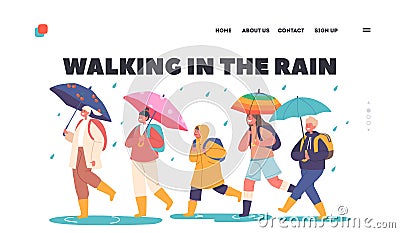 Children Walking in the Rain Landing Page Template. Happy Kids Walk under Umbrella, Little Boys and Girls Characters Vector Illustration
