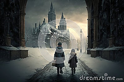 Children walking in the snow filled city Stock Photo